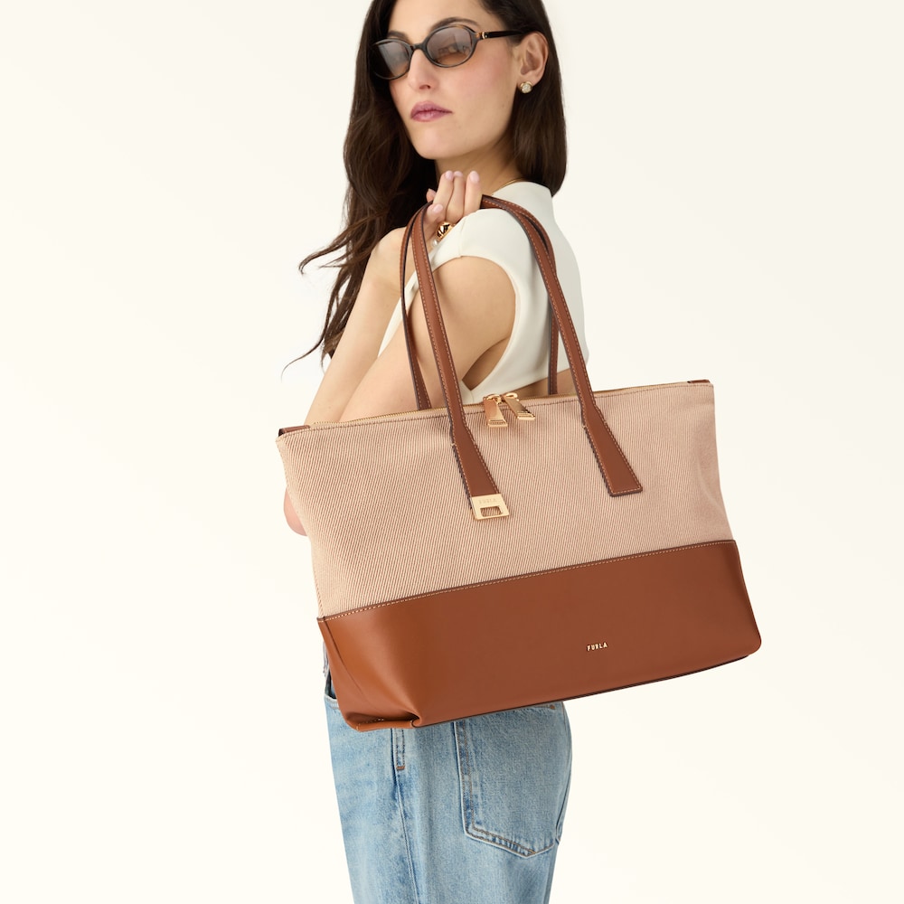 Furla Olivia Tote-bag L aus speziellen Sommer-Canvas mit Lederdetails in cognac